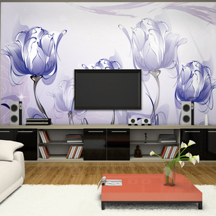 大型壁画大气厂家直销现代简约客厅沙发电视背景墙壁纸紫色郁金香