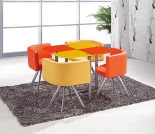 简约现代 钢化玻璃 橙黄洽谈桌椅 一桌四椅 不锈钢桌椅组合 包邮