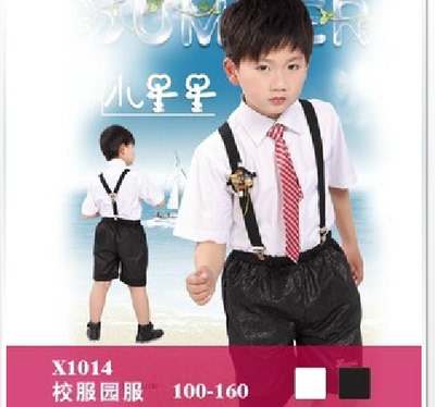 儿童演出服男童礼服男孩表演服背带款白衬衫黑裤子套装