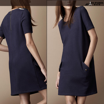 蒙巴黎 2015夏季新款欧美高端时尚气质中长款宽松大码短袖连衣裙