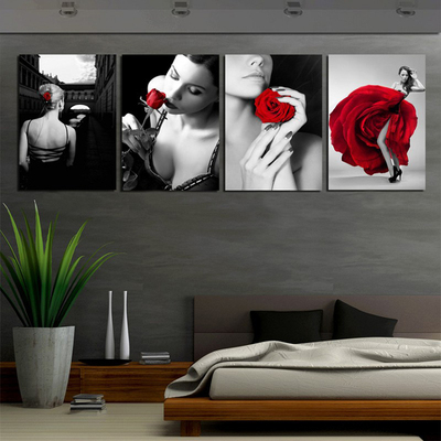现代装饰画玫瑰美女客厅墙画卧室时尚壁画挂画餐厅简约无框画三联
