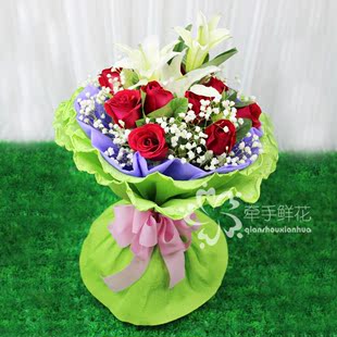 11红玫瑰石家庄鲜花广州七夕情人节鲜花速递百合满天星生日送花束