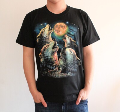 狼头短袖T恤3D立体体恤半袖嘻哈动物月亮黑摇滚霸气个性男装团服