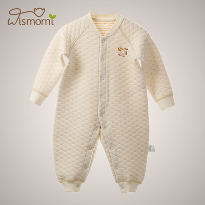 有机棉 三层保暖婴儿长袖连体衣加厚秋冬季男女宝宝哈衣爬服0-1岁