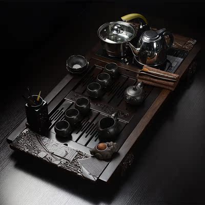 紫砂茶具黑檀木功夫茶具套装 实木茶盘四合一电磁炉抽水茶海