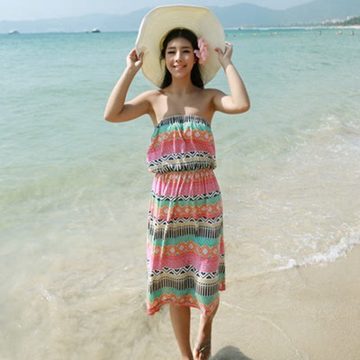 韩国爆款波西米亚 菱形粉色海边度假沙滩长裙裹胸修身连衣裙