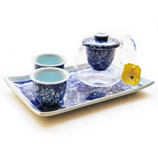 正品台湾建窑茶具 功夫茶具 陶瓷玻璃套装 青花玻璃茶海组 蓝牡丹