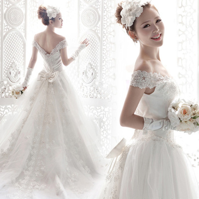 婚纱礼服2015冬季新娘结婚一字肩简约修身显瘦大码长拖尾齐地婚纱