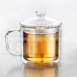 经典怀旧带盖水杯子 办公杯创意透明双层玻璃杯 搪瓷花茶杯