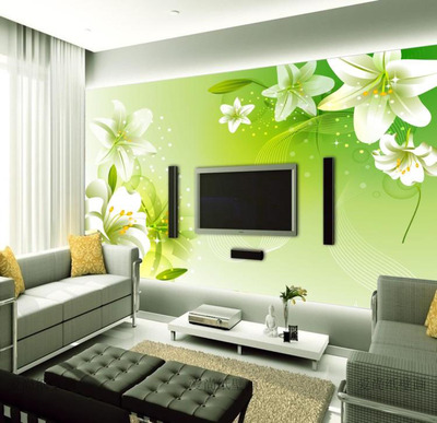 环保壁纸简约绿色百合花卧室客厅沙发电视背景墙墙纸整张无缝壁画