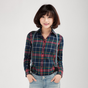2014春款韩版修身大码女士长袖中长款格子衬衫时尚衬衣特价包邮