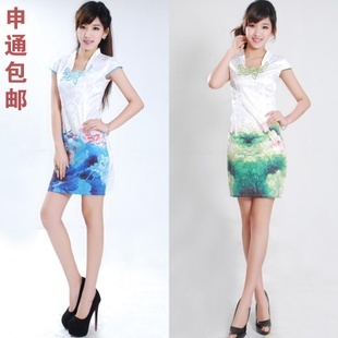 日常夏装新款时尚改良中式民族风短袖印花显瘦旗袍裙连衣裙子包邮
