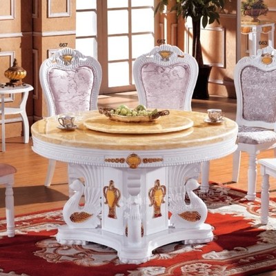 天然大理石白色中式圆桌小户型欧式纯实木简约现代橡木组合餐桌椅