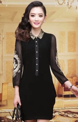 2014莱娜菲儿春季新款袖口雪纺刺绣带领黑色连衣裙显年轻有大码
