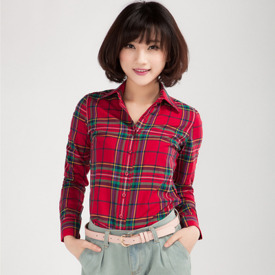 2014春装格子衬衫女长袖韩版修身格子衣短款英伦学生全棉衬衣簿款