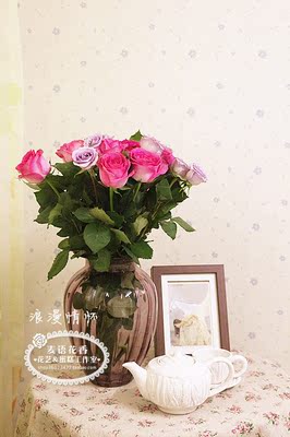 沈阳同城鲜花免费送花上门 粉紫玫瑰瓶花套装 节日生日 女人节