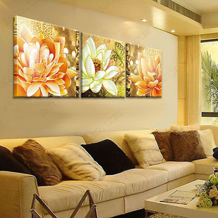 现代客厅三联简约无框画装饰画玄关沙发背景墙壁花卉挂画金色莲花