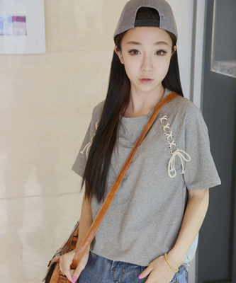 2014韩版新款 个性交叉系带多色宽松百搭休闲短袖圆领棉T恤