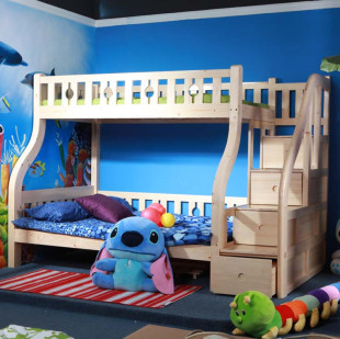 芬兰松木家具 儿童床梯柜上下铺 双层床 实木松堡梯步子母免运费