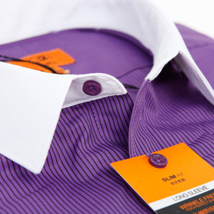 长袖衬衫男士修身紫色衬衣条纹小尖领韩版高档时尚商务正装工作服