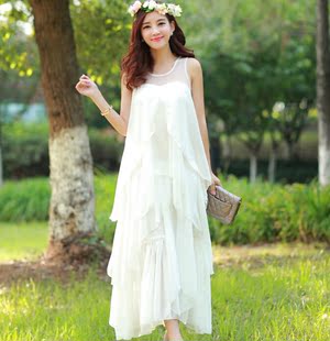 实拍夏韩版纯色波西米亚大摆拖地长裙雪纺蛋糕裙 长款仙女连衣裙