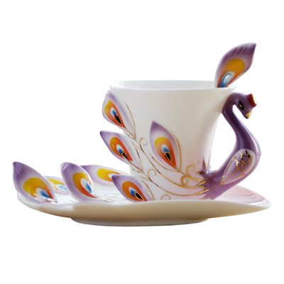 景德镇陶瓷杯 珐琅彩瓷孔雀杯咖啡具杯碟勺套装 高档创意礼品包邮