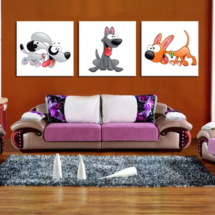 家庭装饰画小狗图案客厅无框画 客厅装饰画无框画三联画 动物图案