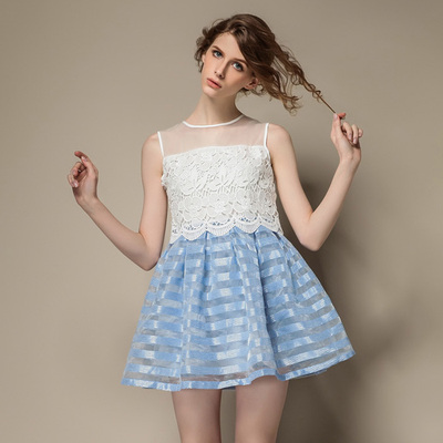 欧洲站2014新款夏装气质蕾丝裙女 修身显瘦拼接条纹蕾丝连衣裙夏