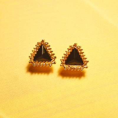 韩版耳饰品 三角图形立体黑色锆石镶钻镀金耳扣耳钉 气质甜美个性