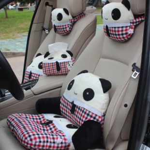 卡通格子熊猫毛绒抱枕可爱汽车腰靠腰垫车用头枕护颈枕 汽车用品