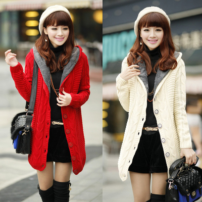 2015秋冬女装新款韩版带帽保暖加绒加厚女士毛衣外套女中长款开衫