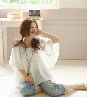 韩版女装2014夏季必备新款蝙蝠袖蝙蝠衫 短袖白色公主雪纺衫