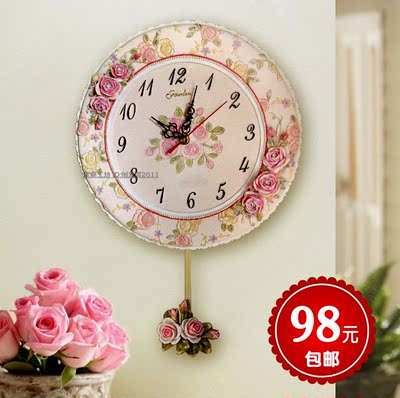 玫瑰花时钟创意欧式田园现代静音挂钟客厅卧室花朵壁饰钟表包邮