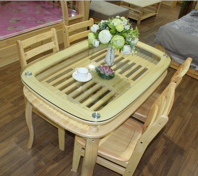 实木松木餐桌 俄罗斯樟子松  圆角双层松木玻璃餐桌