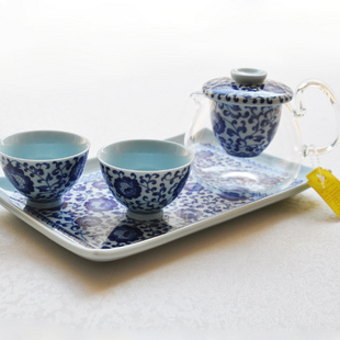 正品台湾建窑茶具 功夫茶具 陶瓷玻璃套装 青花六件玻璃茶海组