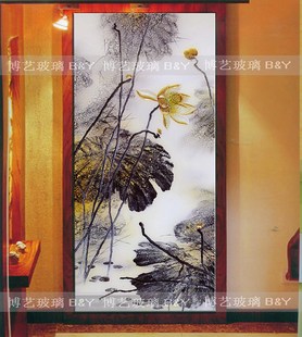 上海艺术玻璃背景墙贴金箔玻璃玄关过道玻璃墨荷电视墙隔断屏风