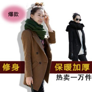 2014新款春装女装韩版修身中长款毛呢外套/显瘦大码西装呢大衣