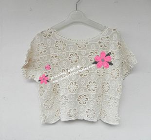 烟花流年-韩国花朵短袖修身短款圆领上衣T恤 刺绣女装镂空蕾丝