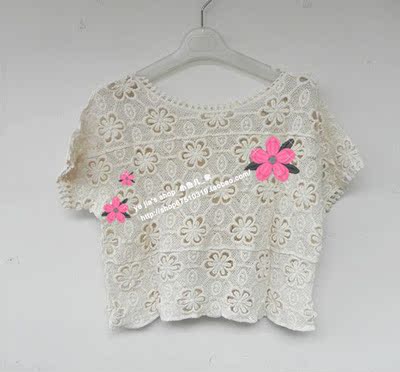 烟花流年-韩国花朵短袖修身短款圆领上衣T恤 刺绣女装镂空蕾丝