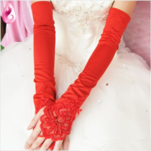 新娘结婚配婚纱加长无指手套红色缎面绣花订珠片手袖韩式礼服婚庆