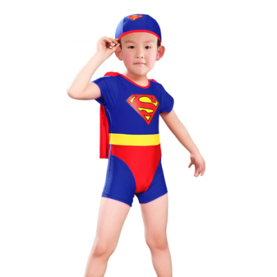 超人儿童连体泳衣 男童宝宝平角游泳衣 男孩儿泳装 带帽子披风