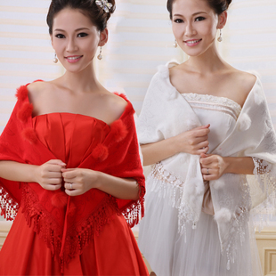 2015新款新娘婚纱礼服配件 羊绒三角形保暖小披肩冬白红色毛披肩