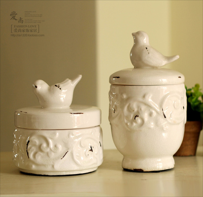 美式乡村 新古典 白釉陶瓷小鸟密封储物罐 陶瓷复古冰裂装饰品
