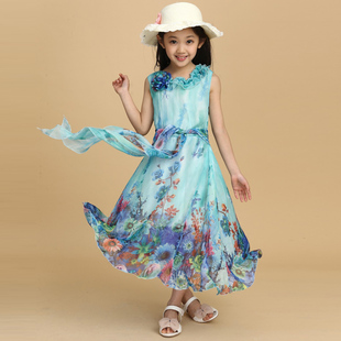 童装女童连衣裙2015新款夏装中大童儿童裙波西米亚长裙雪纺沙滩裙