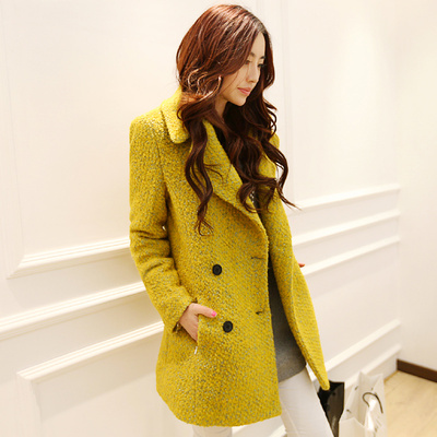 2014冬新品韩版毛呢外套女中长款西装领修身显瘦羊毛呢子大衣女潮