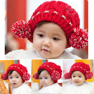 韩版 超可爱双球针织童帽韩版童帽儿童秋冬帽子 双球毛线帽