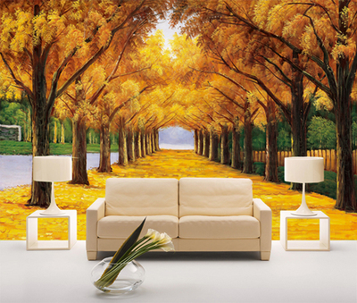 环保整张无缝墙纸壁纸 壁画大型电视卧室客厅 金黄色两道树木壁画