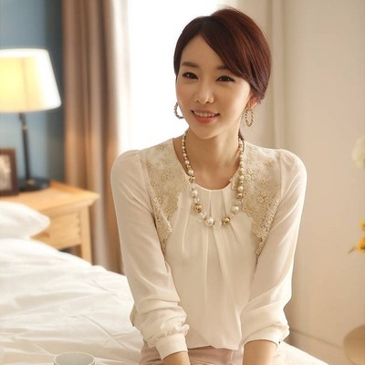 2014春秋韩版白衬衫女长袖低领打底雪纺衬衣韩版大码女装雪纺衬衣