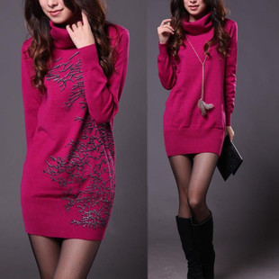 2014春新款女装韩版纯色中长款针织衫长袖打底衫 毛衣