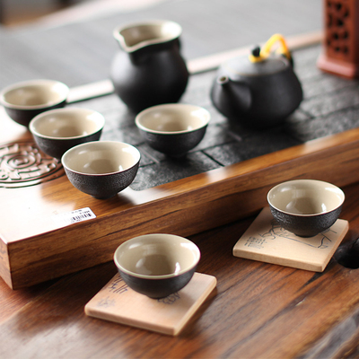 陶瓷功夫茶具 仿石釉禅丰黑线条茶具套装8入 和风茶器